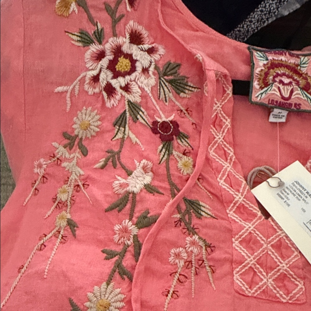 Johnny Was Coral Embroidered Floral V-Neck Tunic - Picture 3 of 6